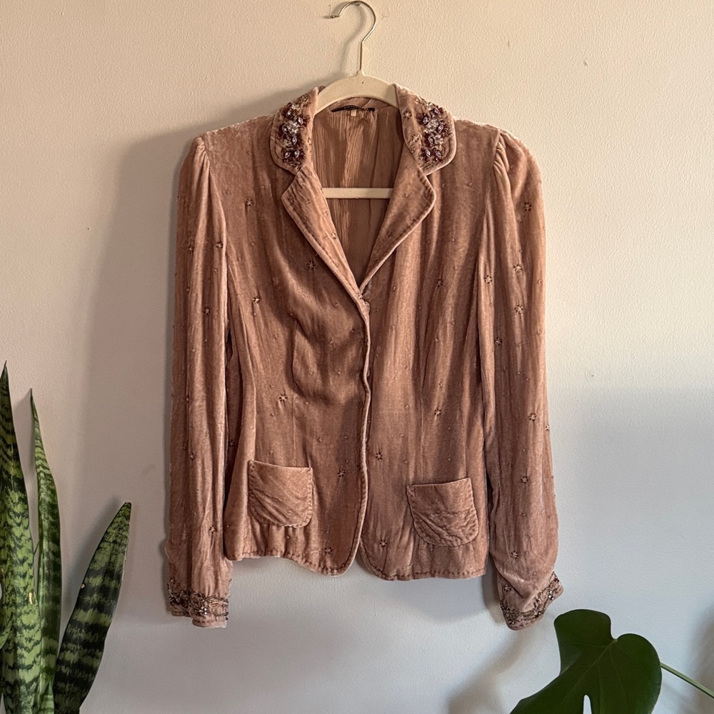 Elie Tahari Embellished Beaded Pale Pink Tan Blazer